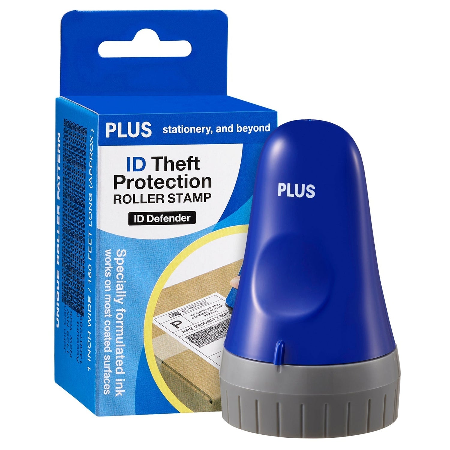 Blue roller stamp with packaging labeled 'ID Theft Protection Roller Stamp' on a white background