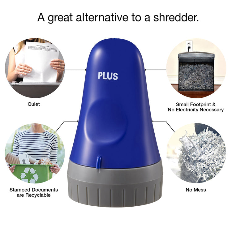 Blue and gray document shaver with features listed on a white background