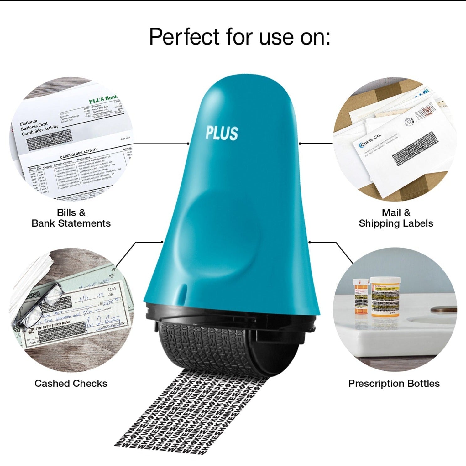Blue stamping machine with examples of use on bills, bank statements, mail labels, checks, and prescription bottles.