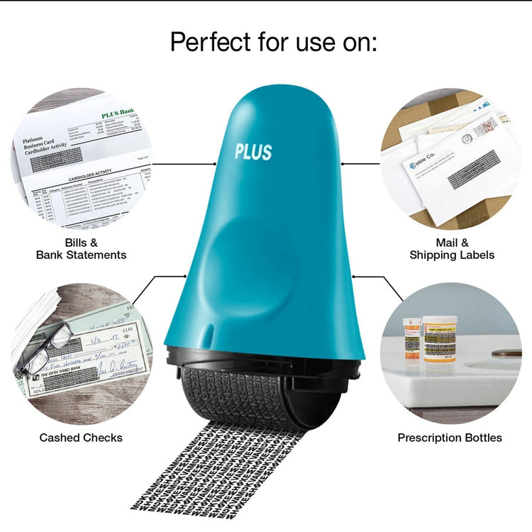 Blue stamping machine with examples of use on bills, bank statements, mail labels, checks, and prescription bottles.