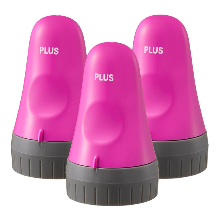 Three pink and gray 'PLUS' branded objects on a white background