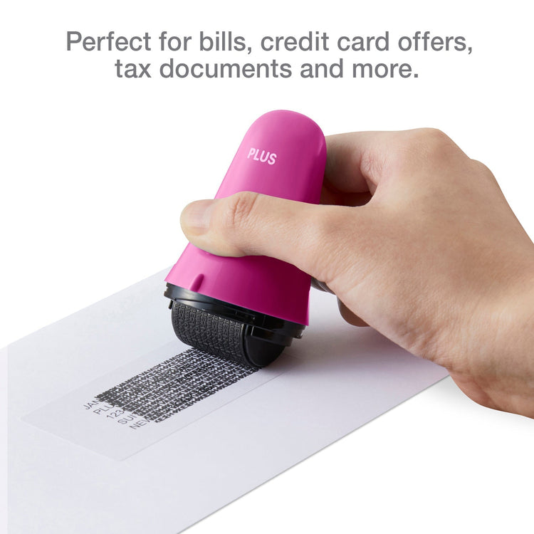 Hand using a pink document scanner on paper with text overlay.