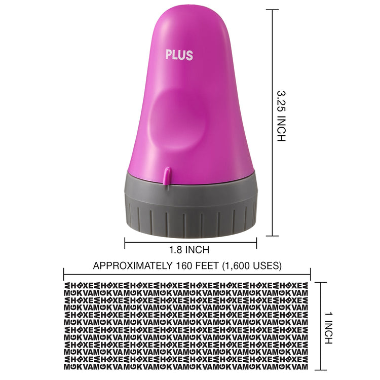 Purple and gray device with dimensions and usage information on a white background