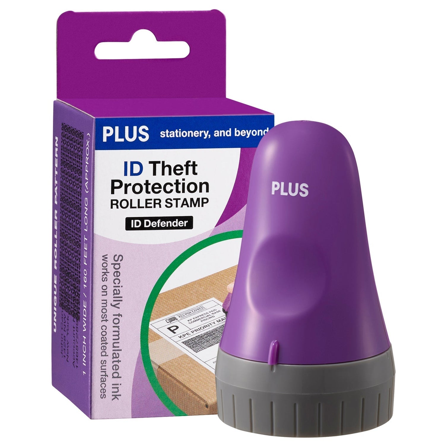 Purple roller stamp with packaging labeled 'ID Theft Protection Roller Stamp' on a white background