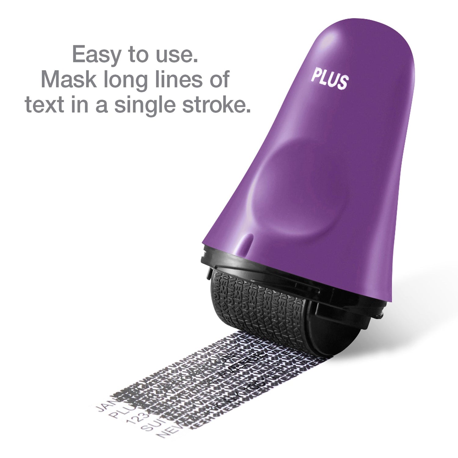 Purple text mask tool with black roller on a white background