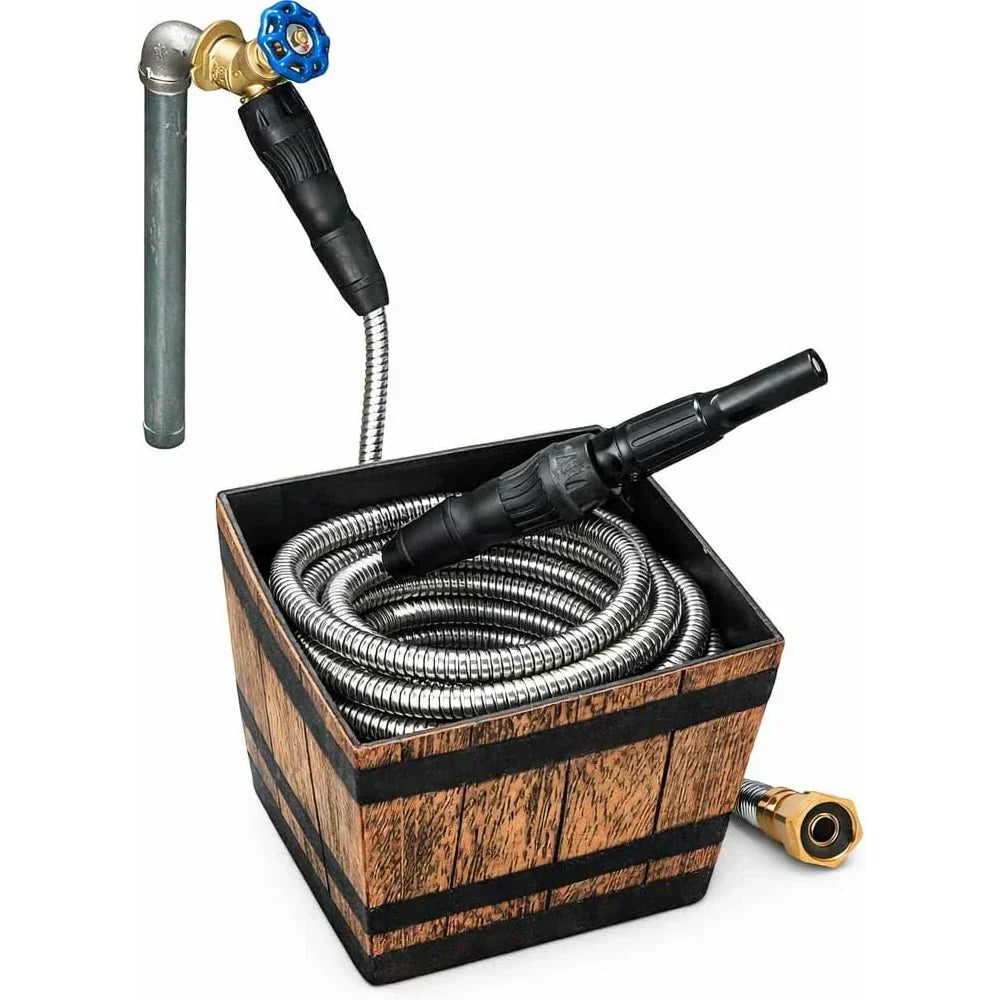Metal garden hose with various nozzles in a wooden box on a white background