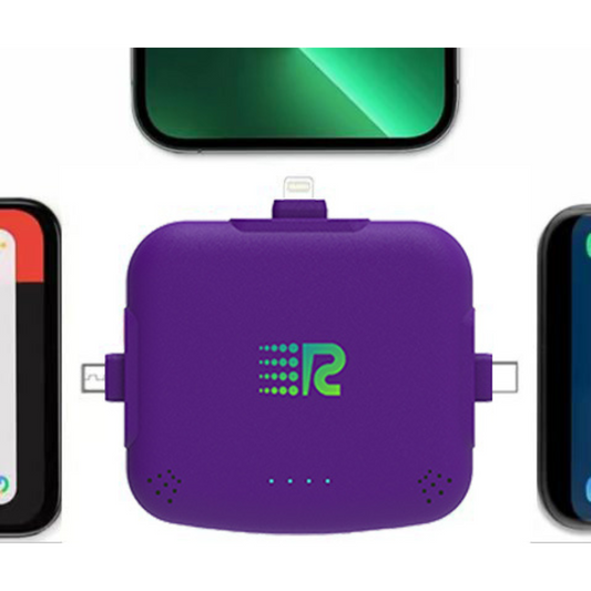 An 8-pack of Rush Charge Universe chargers in all available colors: black, white, blue, red, purple, pink, gold, and grey.