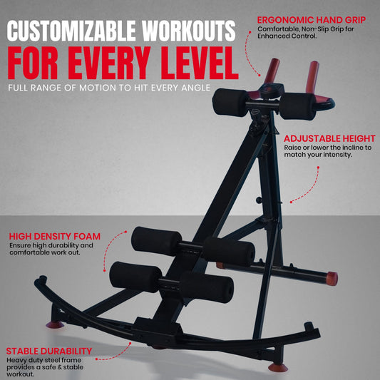 Black and red exercise machine on a gray background