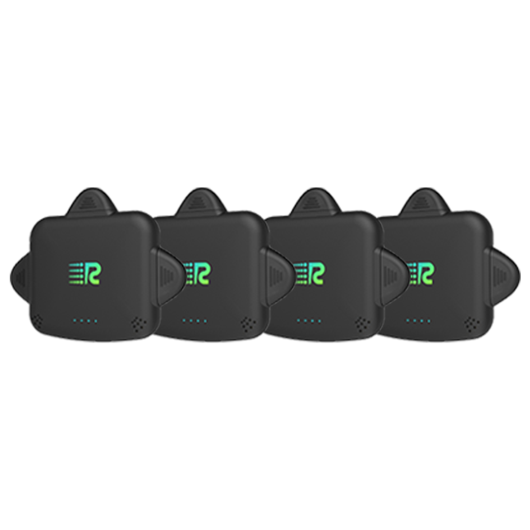 Four rectangular black portable power banks with a green 'R' logo on the front, arranged horizontally.