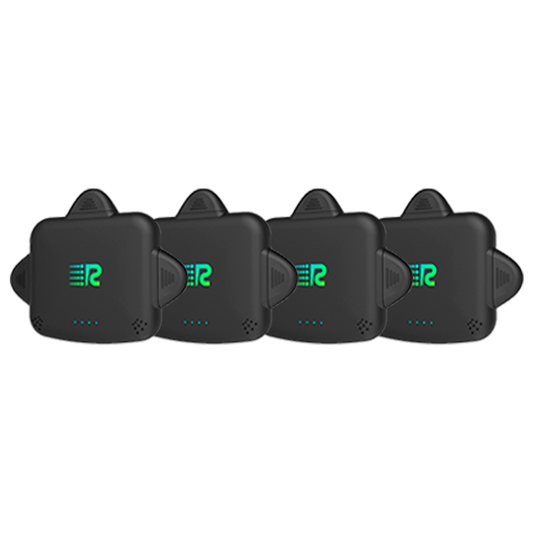 Four rectangular black portable power banks with a green 'R' logo on the front, arranged horizontally.
