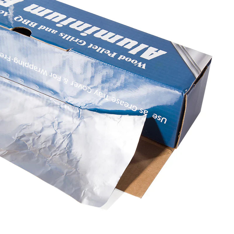 Aluminum foil packaging with blue label on a white background