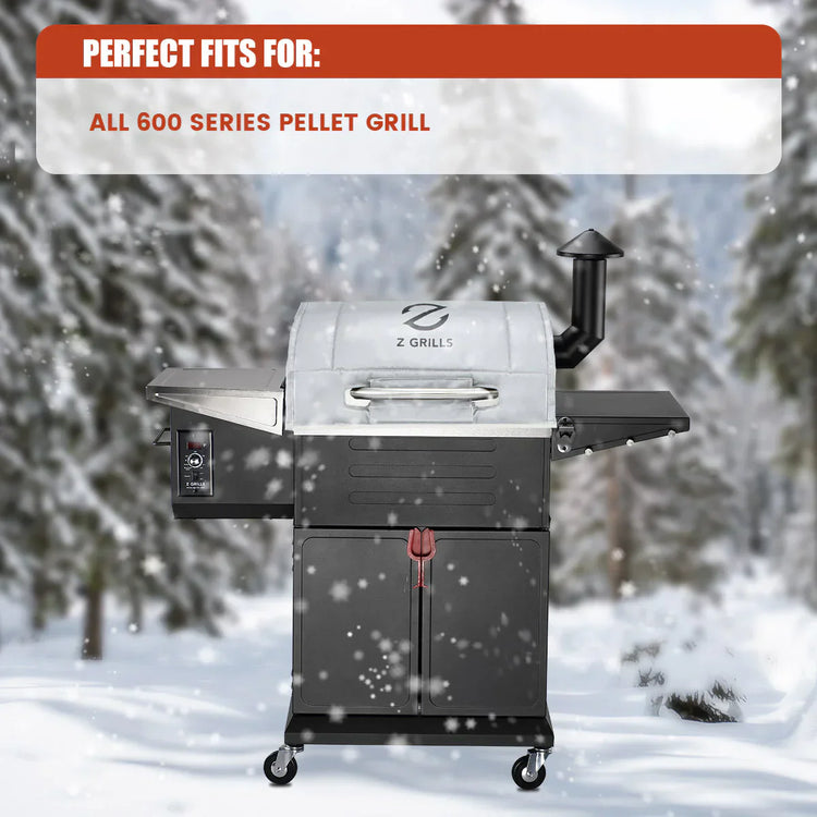 Z Grills pellet grill in a snowy outdoor setting with text indicating compatibility with 600 series models.