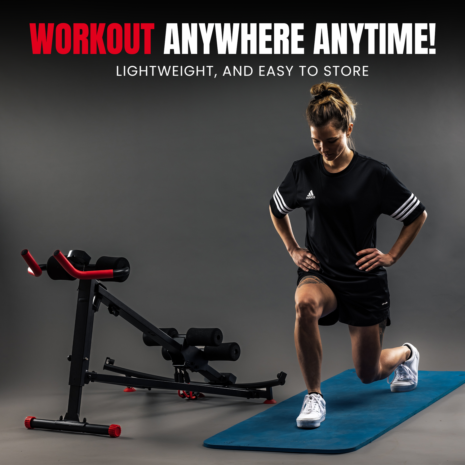 Person exercising with a portable fitness device on a gray background, with text about workout flexibility.