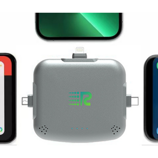 An 8-pack of Rush Charge Universe chargers in all available colors: black, white, blue, red, purple, pink, gold, and grey.