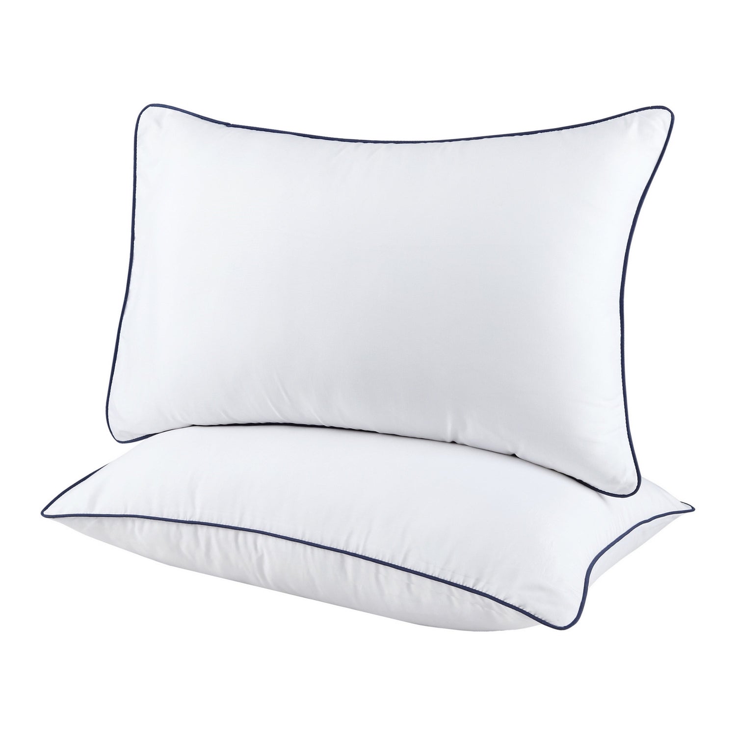 Two white pillows with black piping on a white background