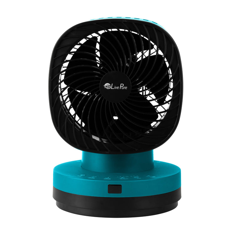 Black and blue portable fan with 'LivePure' branding on a white background