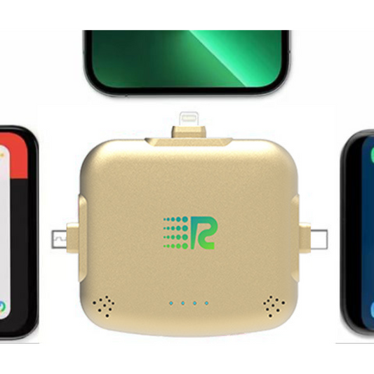 An 8-pack of Rush Charge Universe chargers in all available colors: black, white, blue, red, purple, pink, gold, and grey.