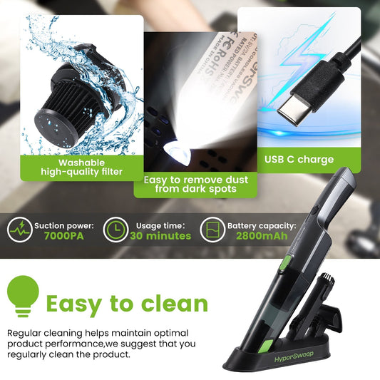 Handheld cordless vacuum cleaner branded HyperSweep on its charging stand, with a green accent and the product packaging box in the background.