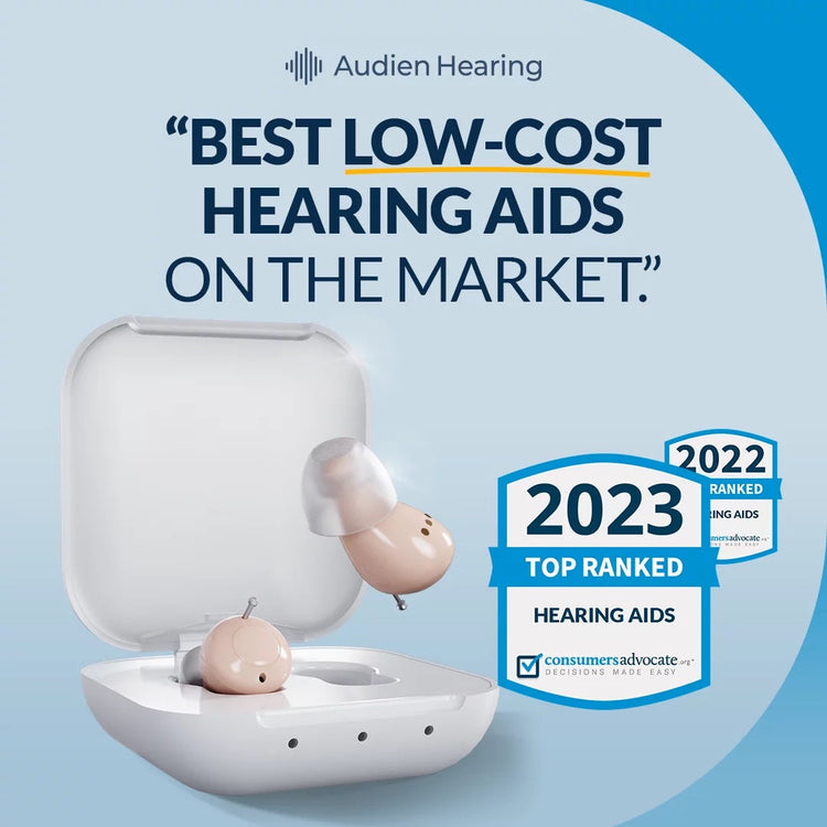 Hearing aids in a case with Audien Hearing branding and 2023 top ranked hearing aids badge on a light blue background.