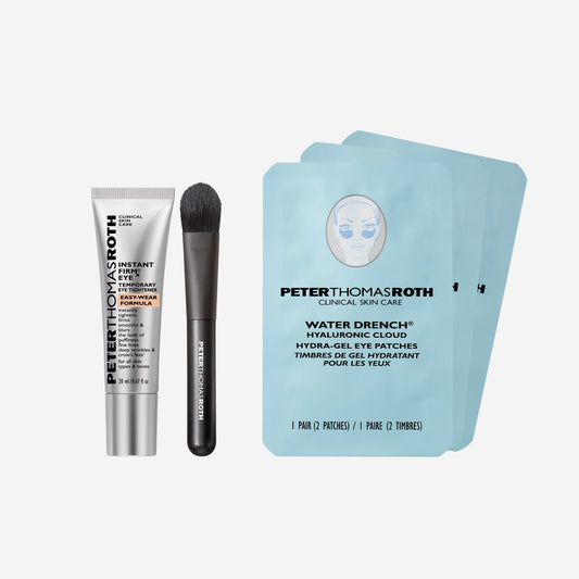 Peter Thomas Roth skincare products including a tube, brush, and eye patches on a white background