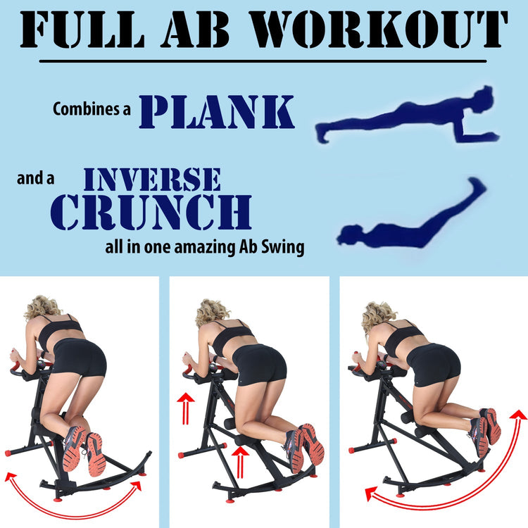 Fitness equipment with instructions for a full ab workout including planks, inverse crunches, and ab swings.