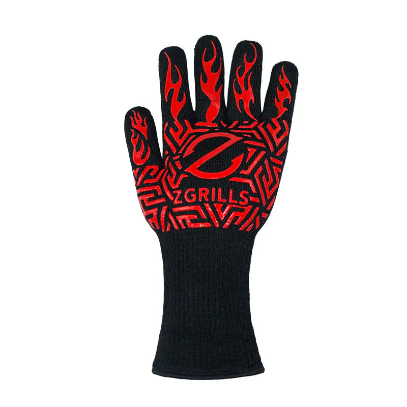 Black glove with red flame pattern and 'Z Grills' logo on a white background