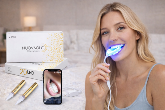 Woman using a teeth whitening device with Nuovaglo packaging and smartphone displaying results.