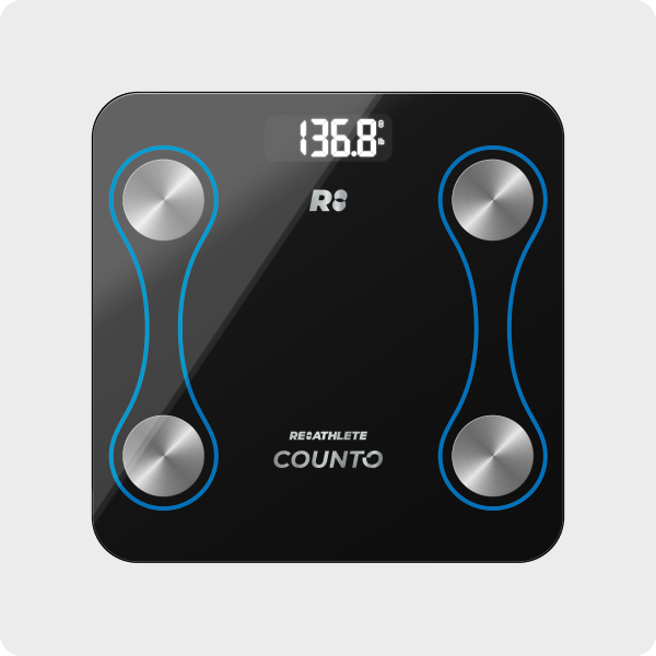 A black digital smart scale with blue decorative elements and silver brand logos, displaying a weight reading.