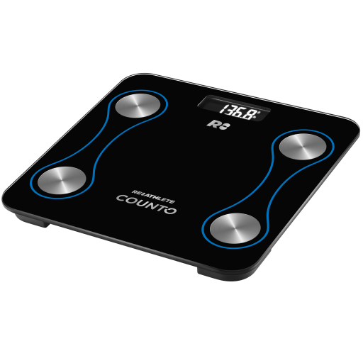 A black digital smart scale with blue decorative elements and silver brand logos, displaying a weight reading.