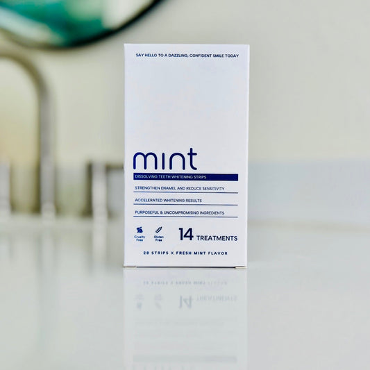 Box of Mint dental whitening strips on a white background