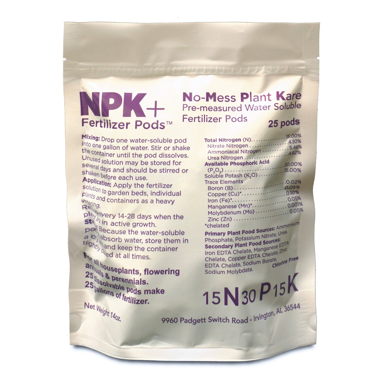 Package of NPK+ No-Mess Plant Care Fertilizer Pods on a white background