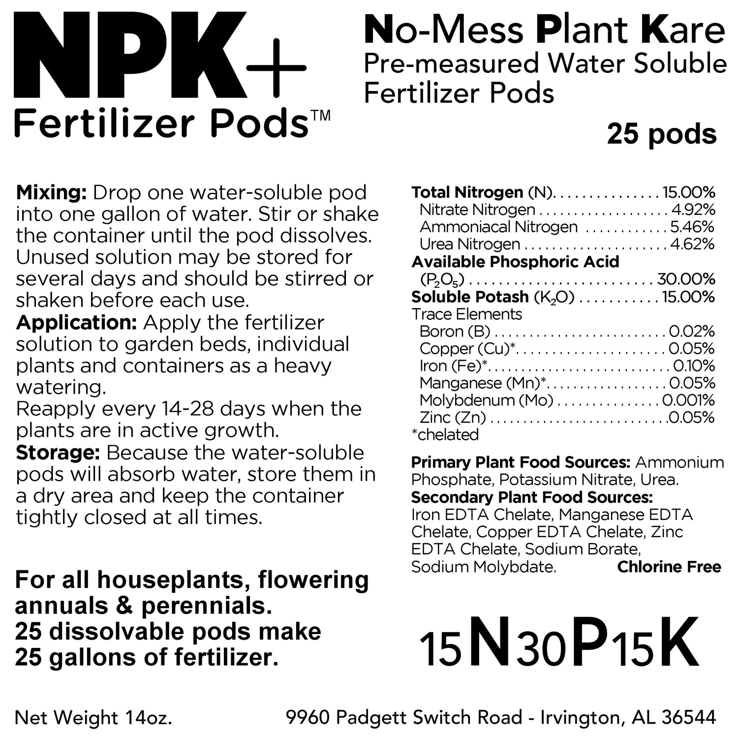 NPK+ Fertilizer Pods packaging with product details and usage instructions.