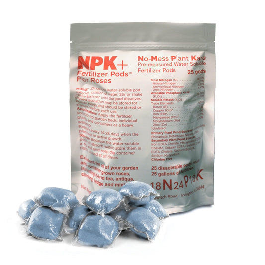 NPK+ fertilizer pods for roses with packaging on a white background