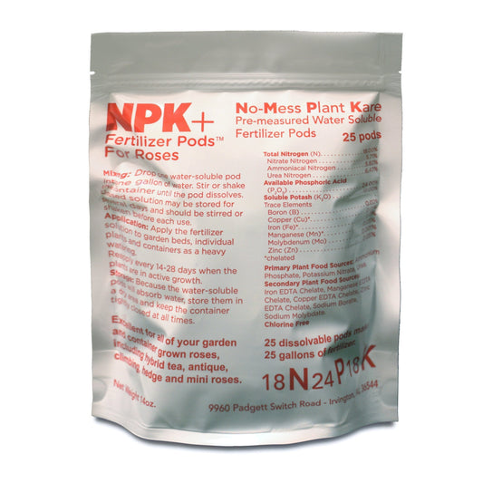NPK+ fertilizer pods for roses with packaging on a white background