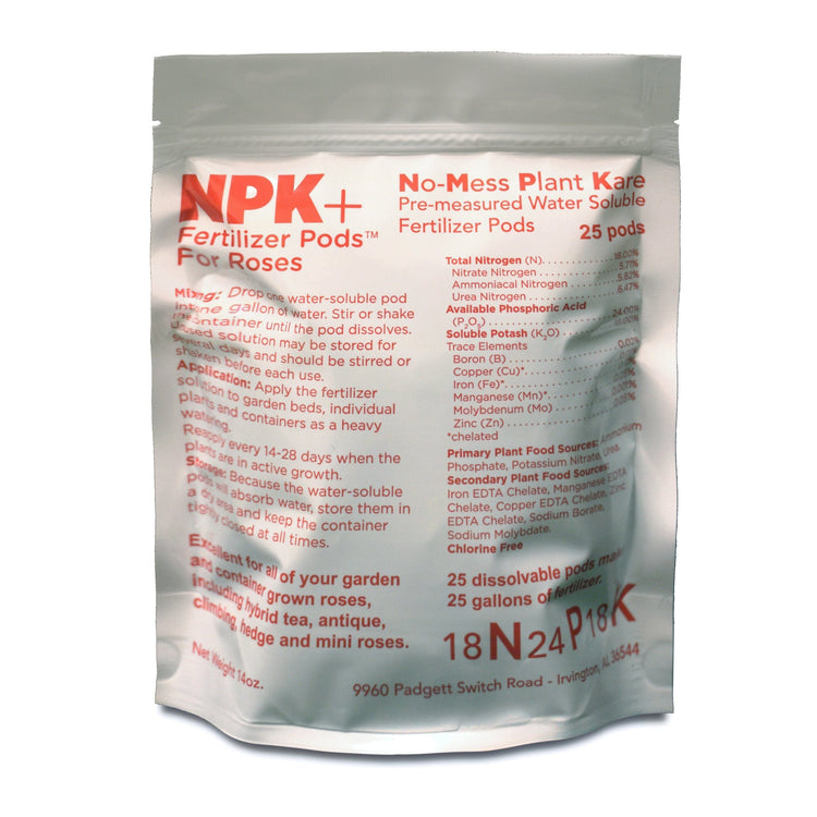 NPK+ Fertilizer Pods packaging for roses on a white background