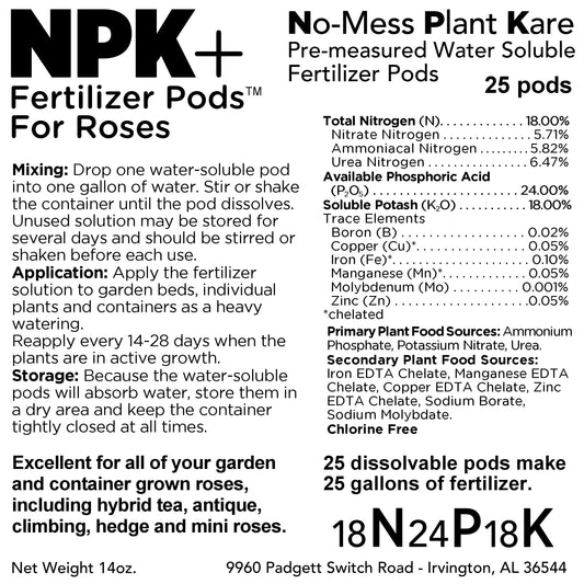 NPK+ fertilizer pods for roses with packaging on a white background