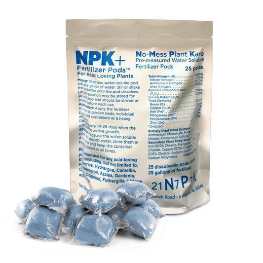 Bag of NPK+ fertilizer pods with blue fertilizer pods on a white background