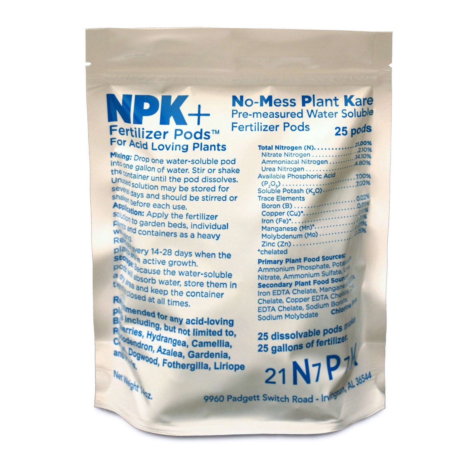 Package of NPK+ No-Mess Plant Care Fertilizer Pods on a white background