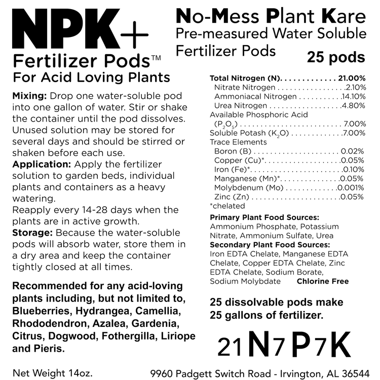 NPK+ Fertilizer Pods packaging with product details and usage instructions.