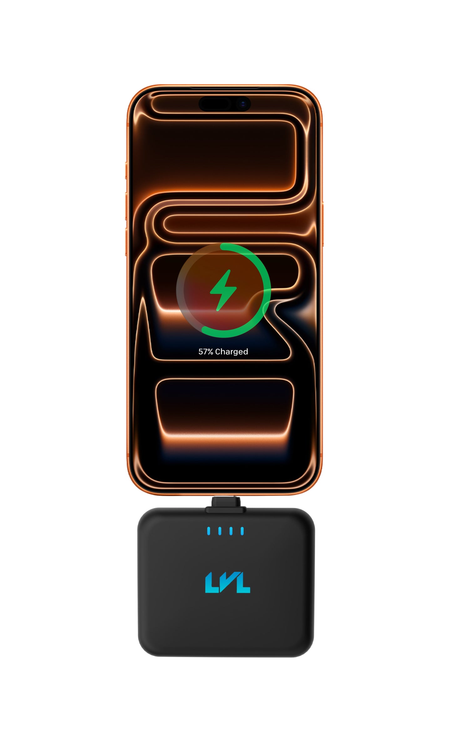 Phone with a charging case displaying charging status on a white background