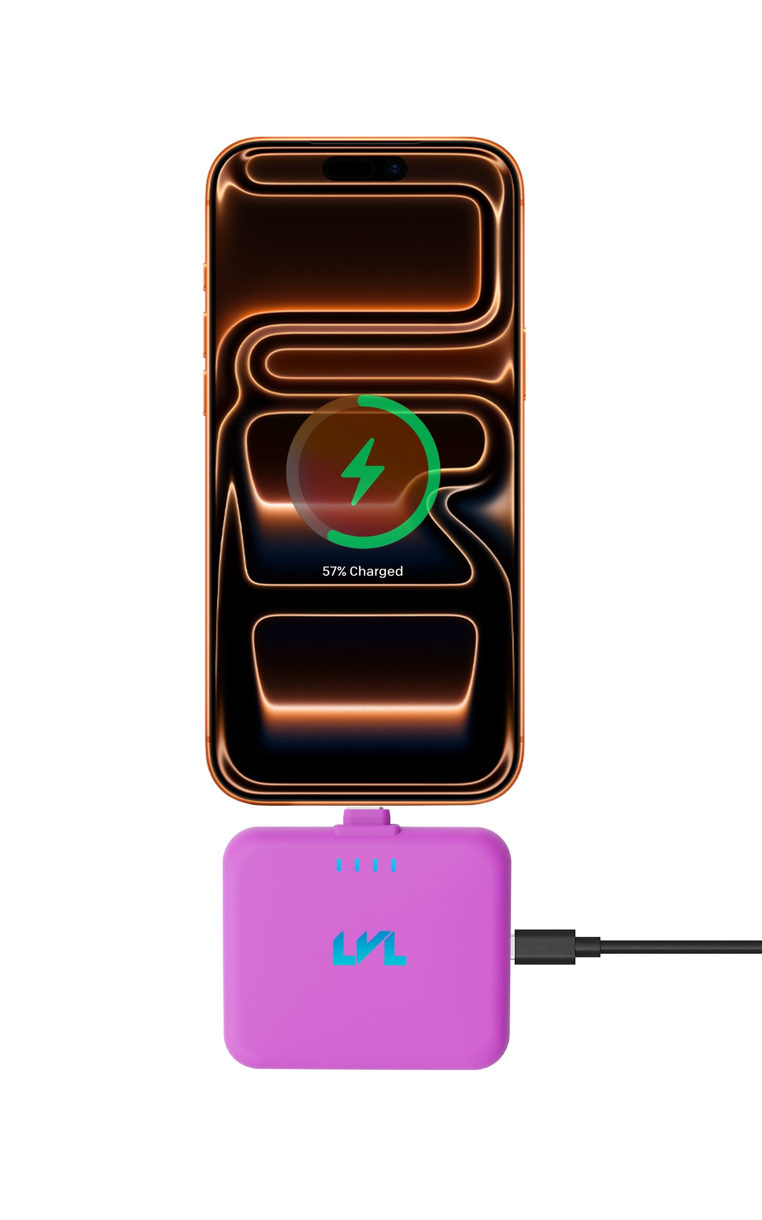 Smartphone with wireless charging pad and power bank on a white background
