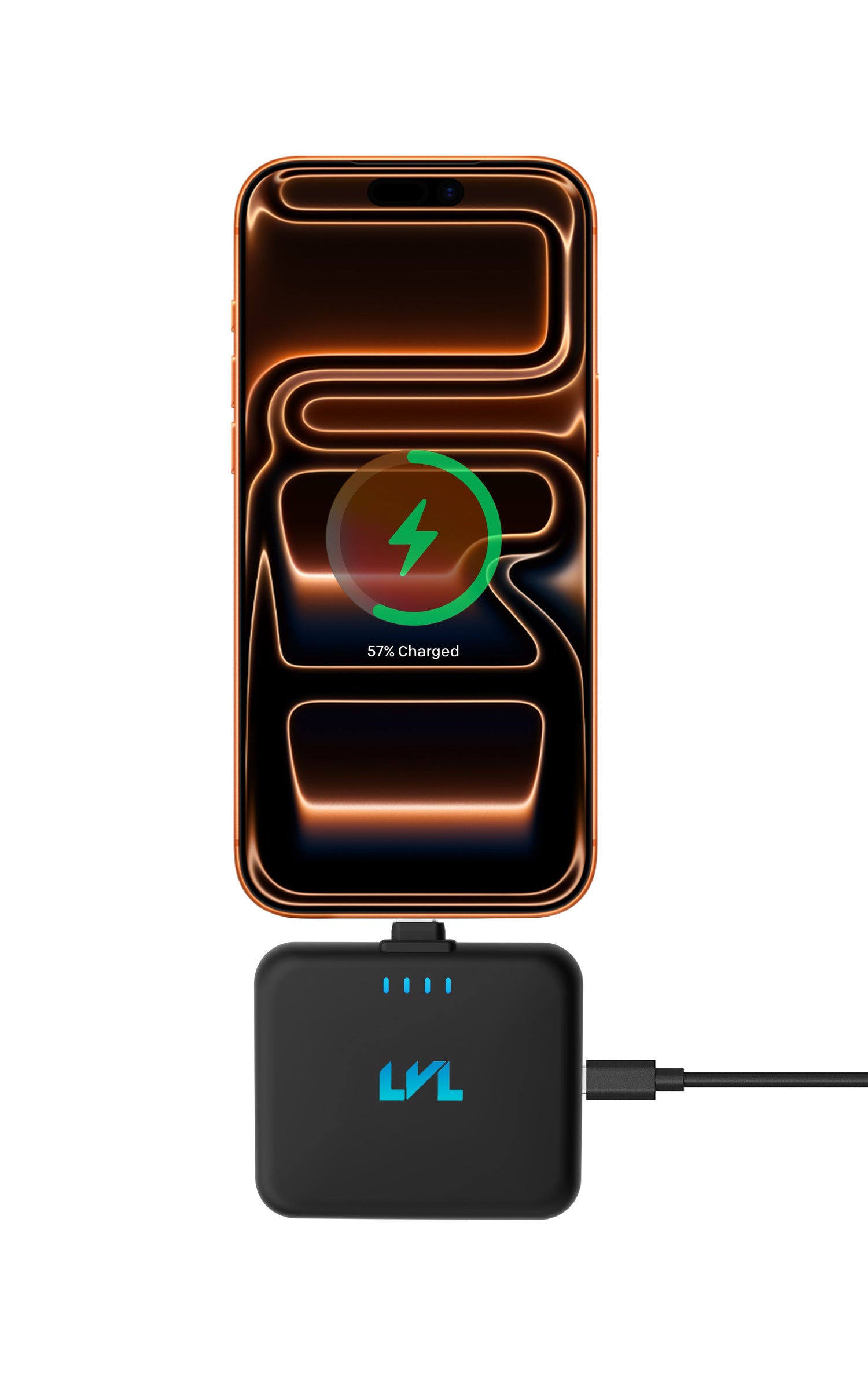 Wireless charging pad with smartphone displaying charging progress on a white background
