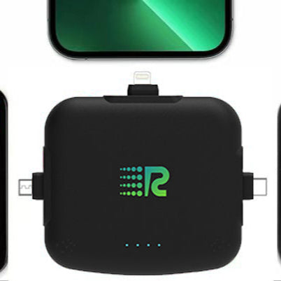Four rectangular black portable power banks with a green 'R' logo on the front, arranged horizontally.