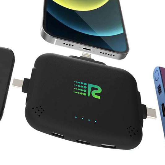 Four rectangular black portable power banks with a green 'R' logo on the front, arranged horizontally.