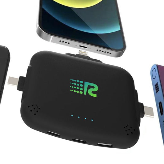 An 8-pack of Rush Charge Universe chargers in all available colors: black, white, blue, red, purple, pink, gold, and grey.