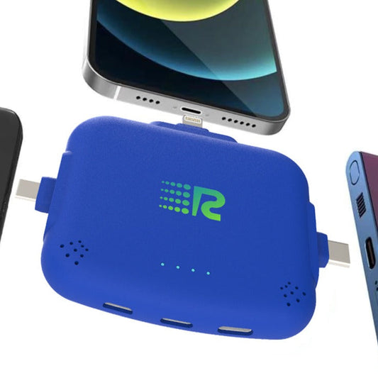 An 8-pack of Rush Charge Universe chargers in all available colors: black, white, blue, red, purple, pink, gold, and grey.