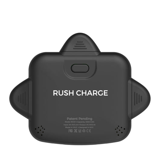 Four rectangular black portable power banks with a green 'R' logo on the front, arranged horizontally.