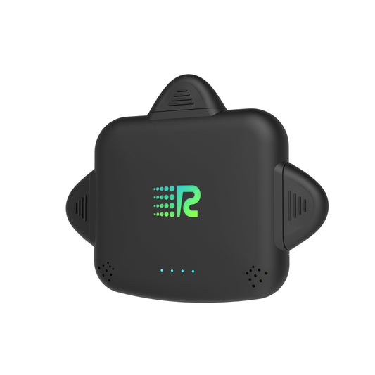 Four rectangular black portable power banks with a green 'R' logo on the front, arranged horizontally.