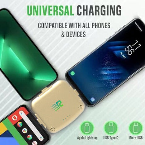 An 8-pack of Rush Charge Universe chargers in all available colors: black, white, blue, red, purple, pink, gold, and grey.