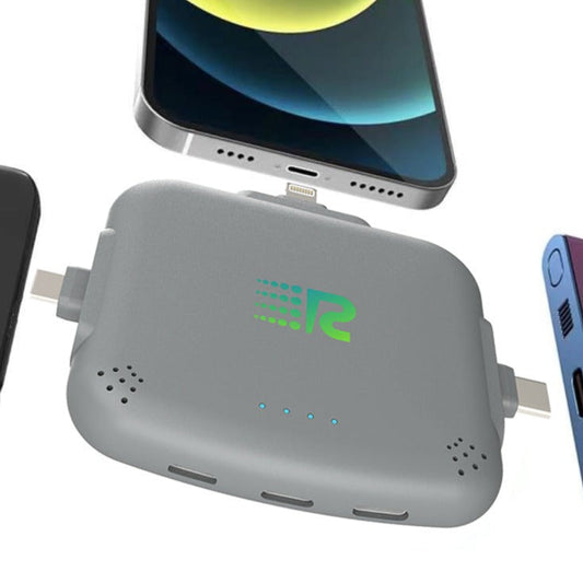 An 8-pack of Rush Charge Universe chargers in all available colors: black, white, blue, red, purple, pink, gold, and grey.